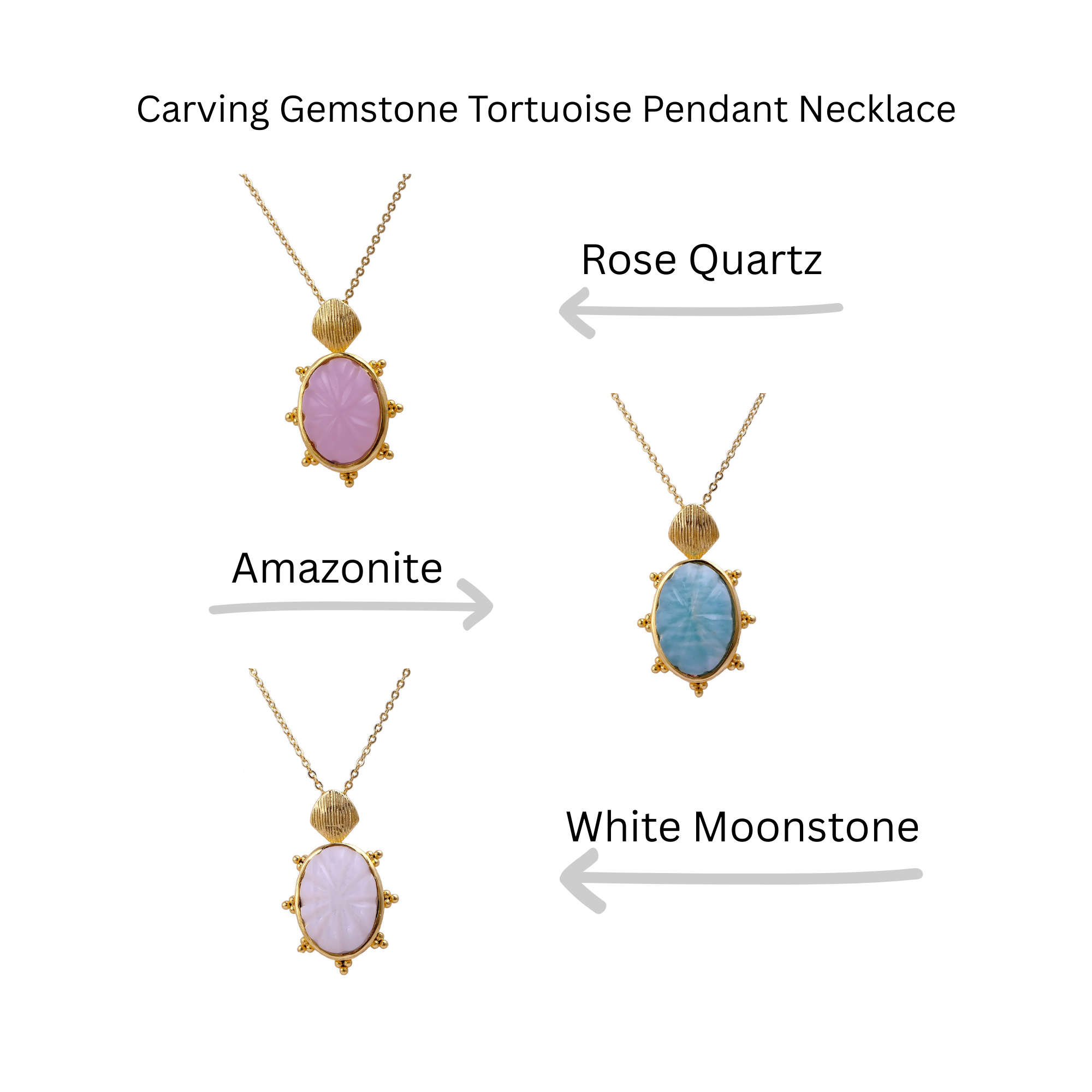 Carved Rose Quartz Tortoise Pendant Necklace, Gold Plated Floral Gemstone Jewelry 5373