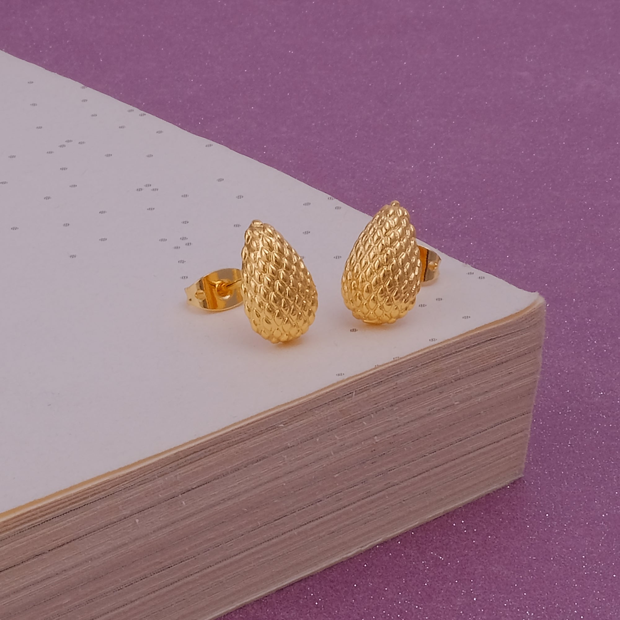 Gold Plated Embossed Teardrop Stud Earrings Elegant Textured Jewelry for Everyday Wear