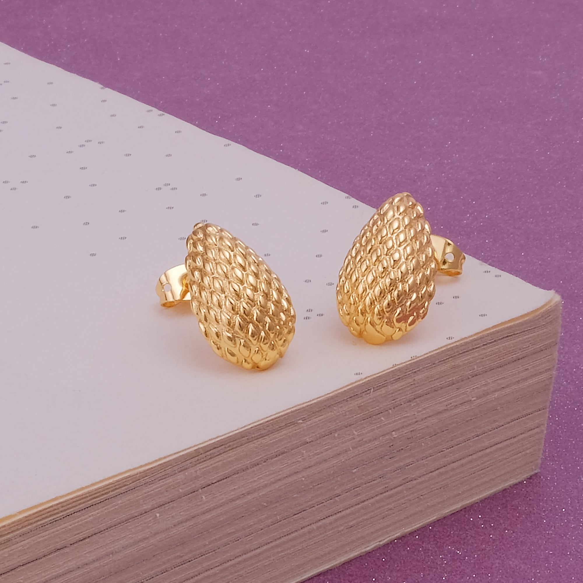 Gold Plated Mesh Textured Teardrop Stud Earrings Stylish Everyday Jewelry