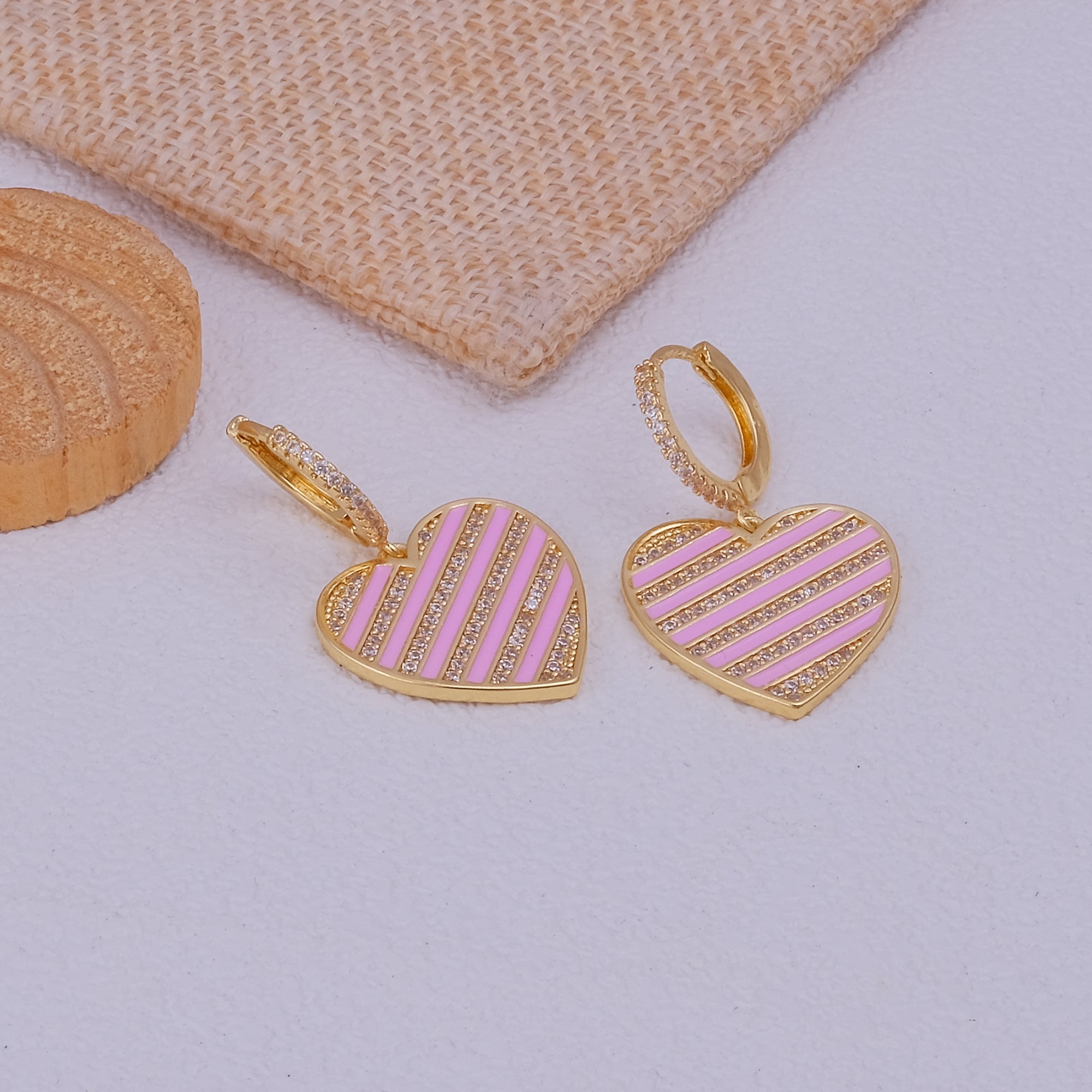 Pink Enamel Heart Earrings Gold PLated Statemengt Earrings