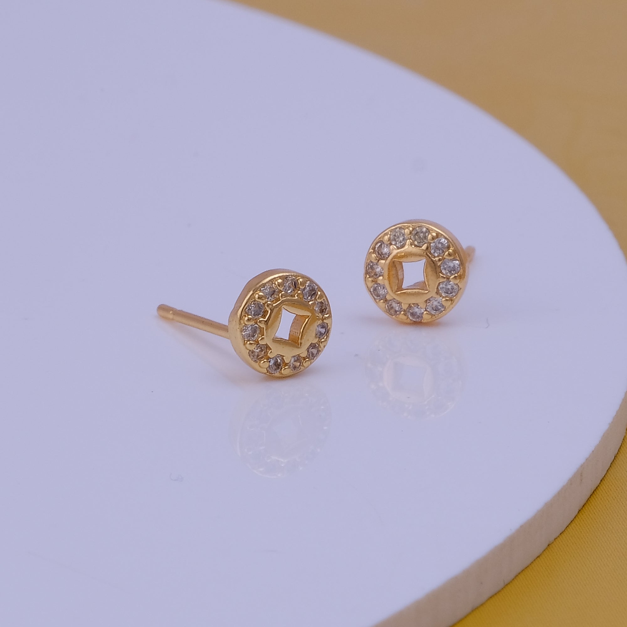 Gold Plated Round Design CZ Dainty Stud Earrings