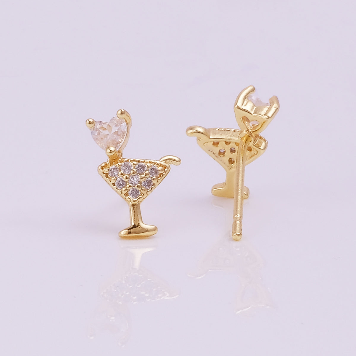 Cocktail Glass With Heart Straw Stud Earrings Cubic Zircon Gemstone Jewelry