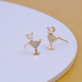 Cocktail Glass With Heart Straw Stud Earrings Cubic Zircon Gemstone Jewelry