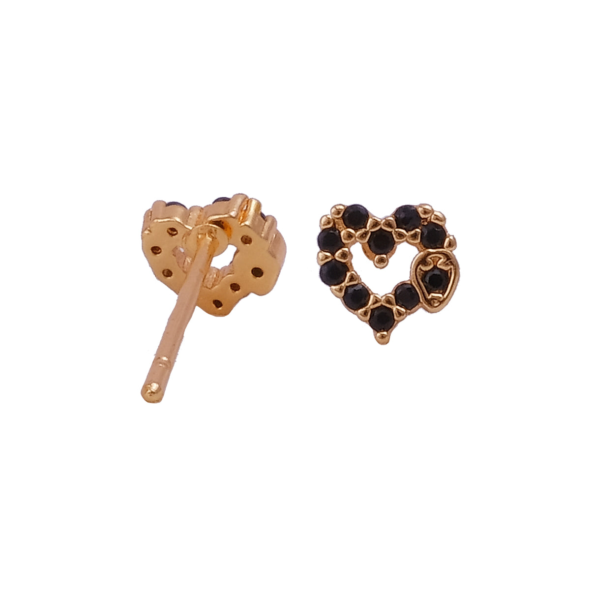 Gold Plated Heart-Shaped Black Cz Stud Earrings