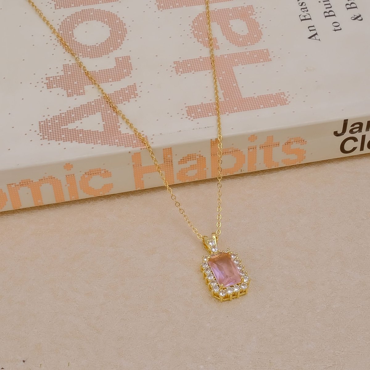 18k Gold Plated Rectangle Pink Crystal Gemstone Charm Necklace, Prong Set Dainty Necklace