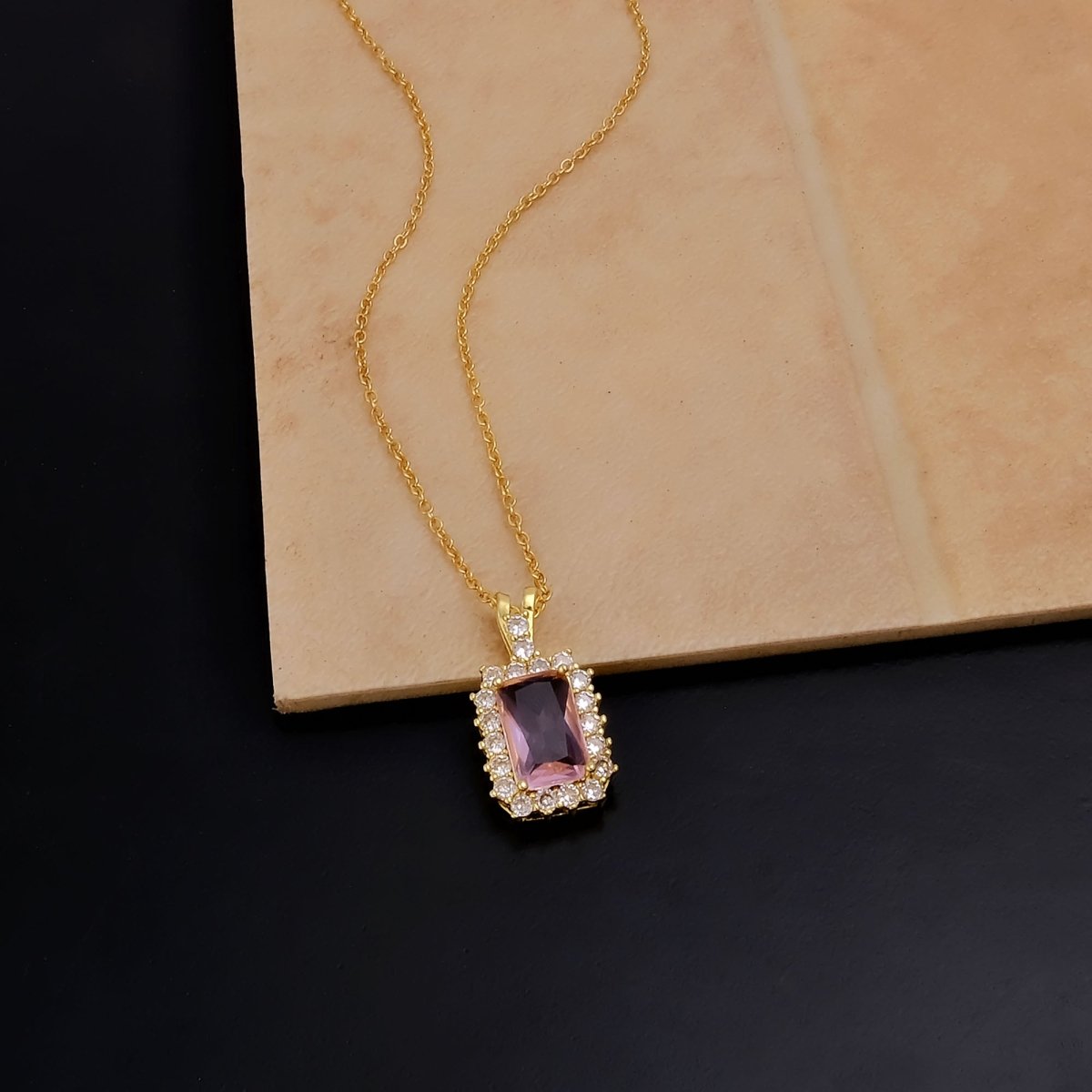 18k Gold Plated Rectangle Pink Crystal Gemstone Charm Necklace, Prong Set Dainty Necklace