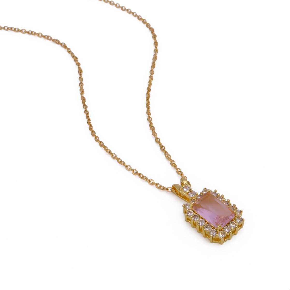 18k Gold Plated Rectangle Pink Crystal Gemstone Charm Necklace, Prong Set Dainty Necklace