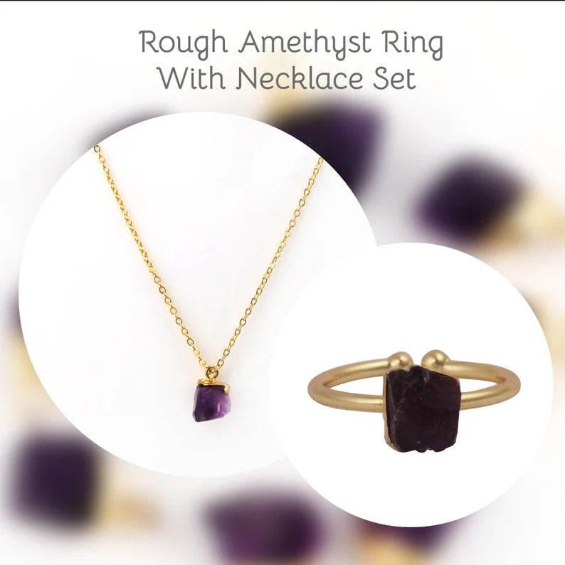 Raw Amethyst Birthstone Necklace and Adjustable Ring