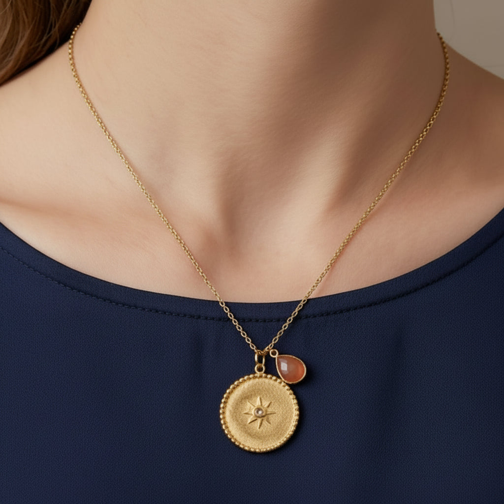 Gold Plated Starburst Medallion Necklace with Peach Moonstone Teardrop Charm 5318