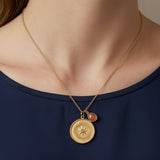 Gold Plated Starburst Medallion Necklace with Peach Moonstone Teardrop Charm 5318