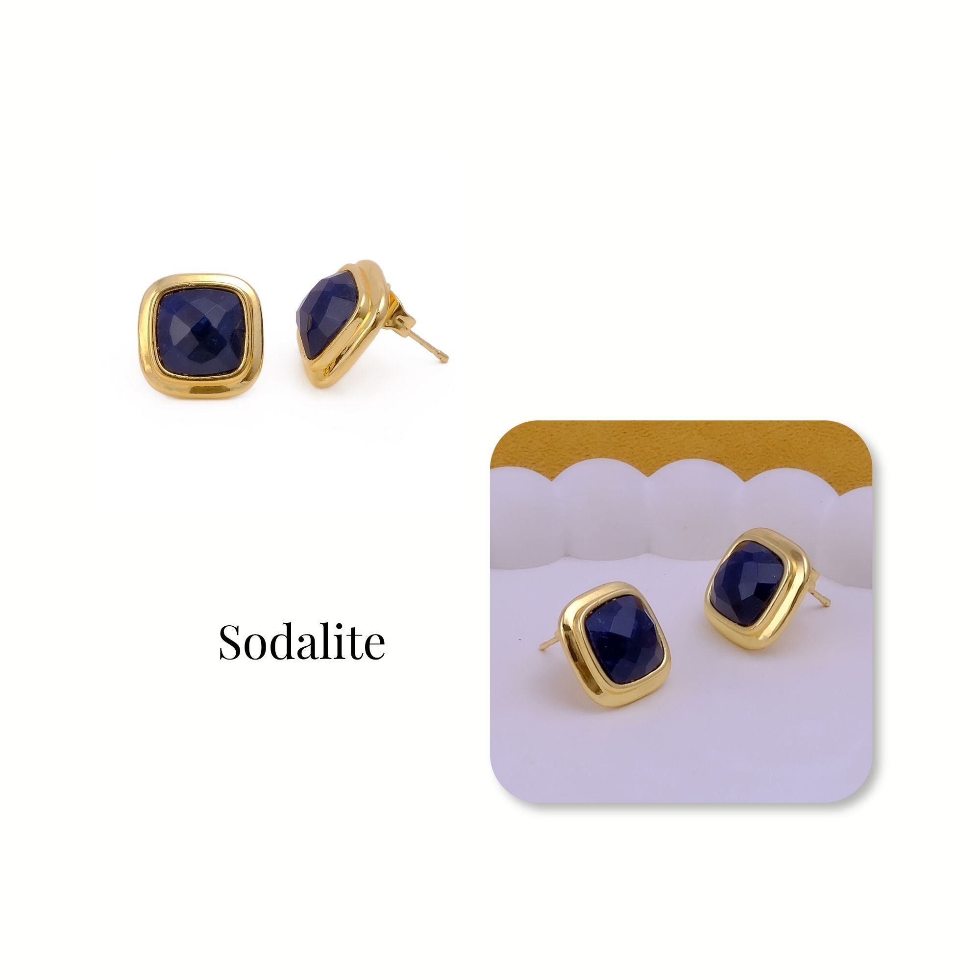 Natural Sodalite Cushion Cut Gemstone, Gold Plated Stud Earrings CE-1012
