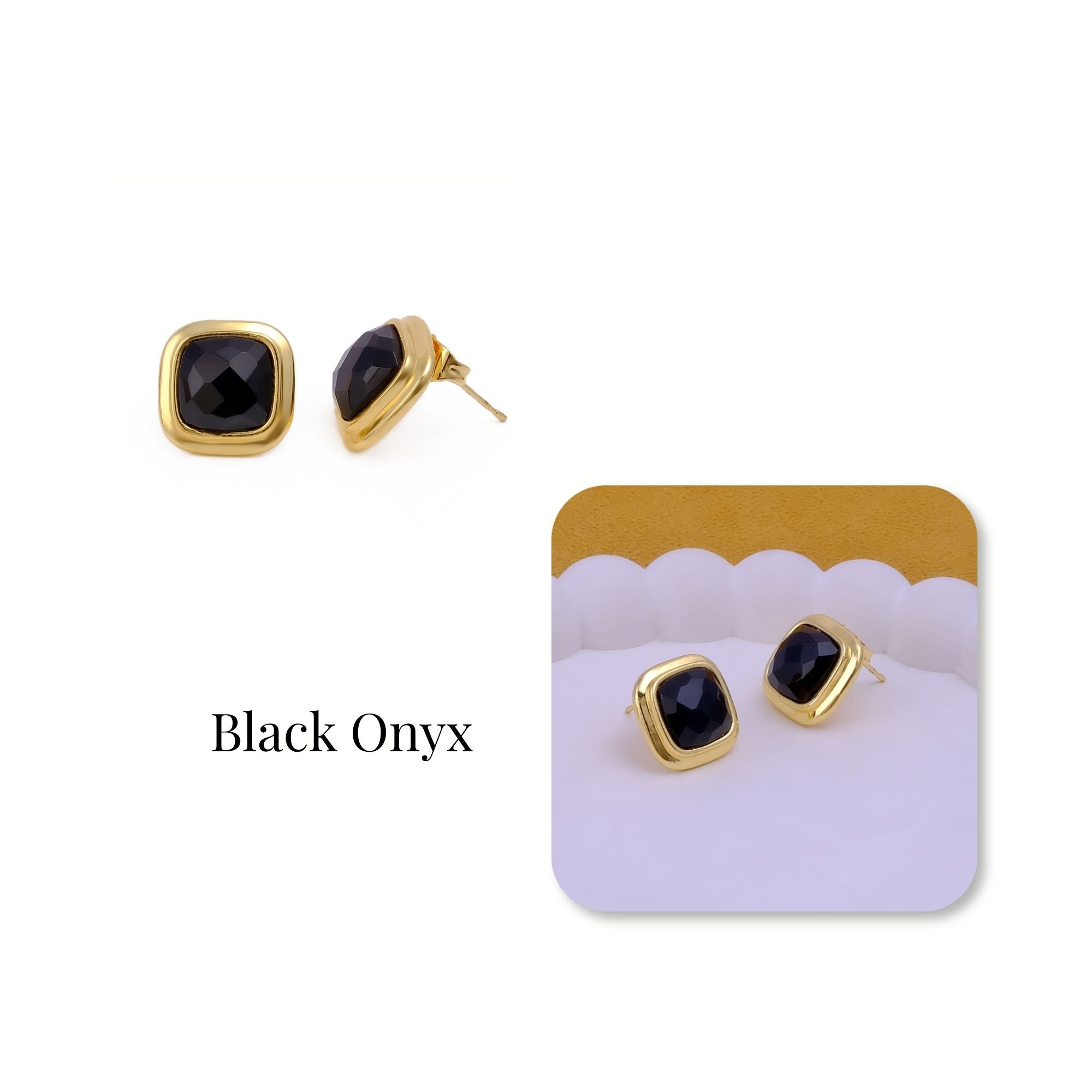 Natural Sodalite Cushion Cut Gemstone, Gold Plated Stud Earrings CE-1012 Black Onyx