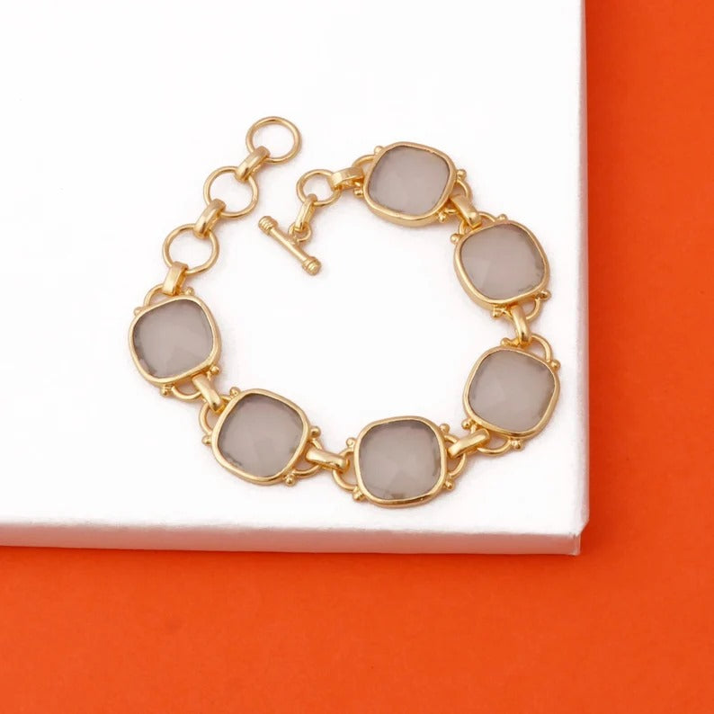 Gemstone Cushion Shape Gold Solid Chain Link Bracelet