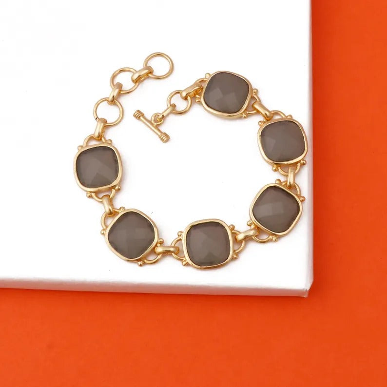 Gemstone Cushion Shape Gold Solid Chain Link Bracelet