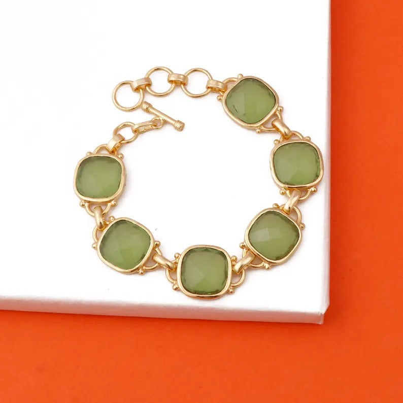 Gemstone Cushion Shape Gold Solid Chain Link Bracelet