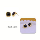 Natural Sodalite Cushion Cut Gemstone, Gold Plated Stud Earrings CE-1012 Black Onyx