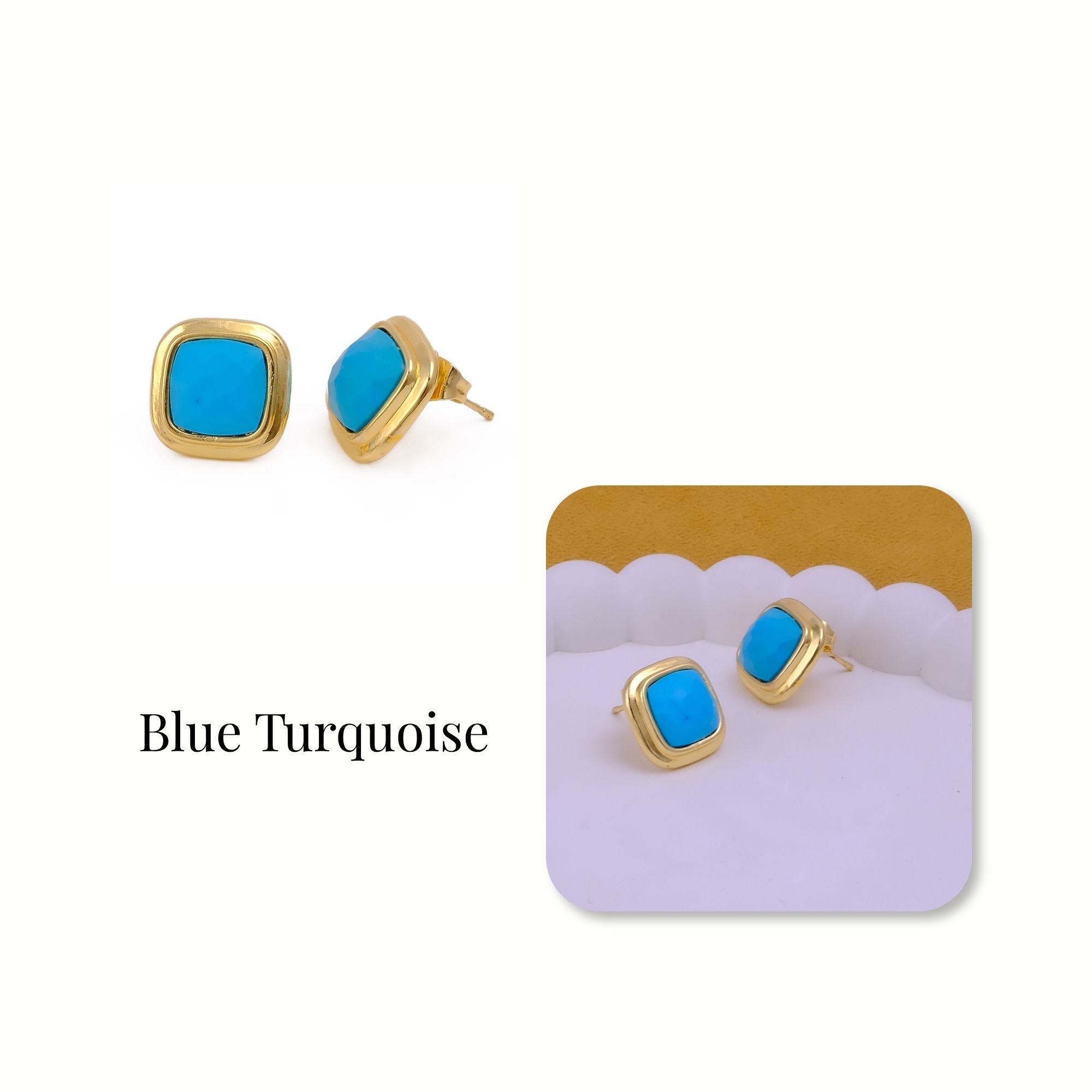 Natural Sodalite Cushion Cut Gemstone, Gold Plated Stud Earrings CE-1012 Blue Turquoise