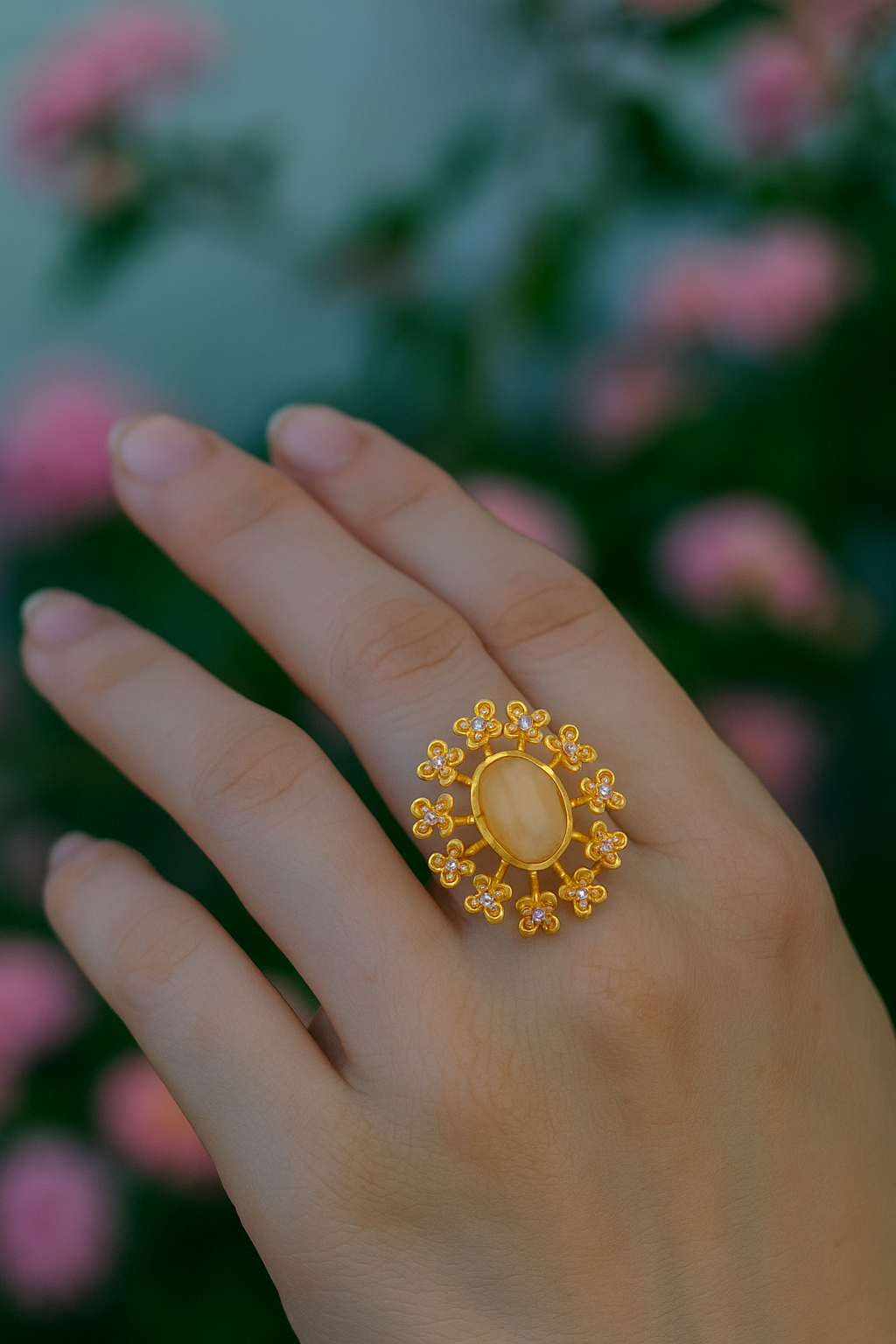 Labradorite Gemstone Ring Gold Plated Floral Statement Jewelry Brass Handmade ring