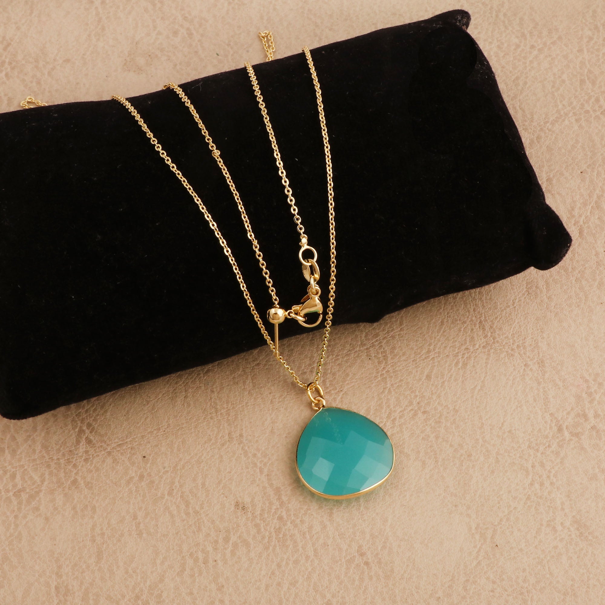 Black Onyx Pendant Necklace Teardrop Gemstone Gold Plated Chain Minimalist Necklace Aqua Chalcedony