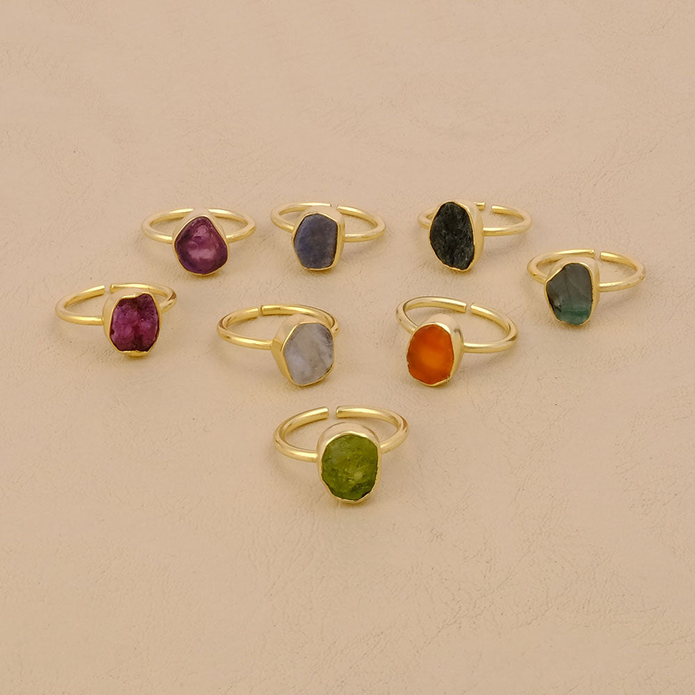 Raw Birthstone Gemstone Adjustable Silver Ring