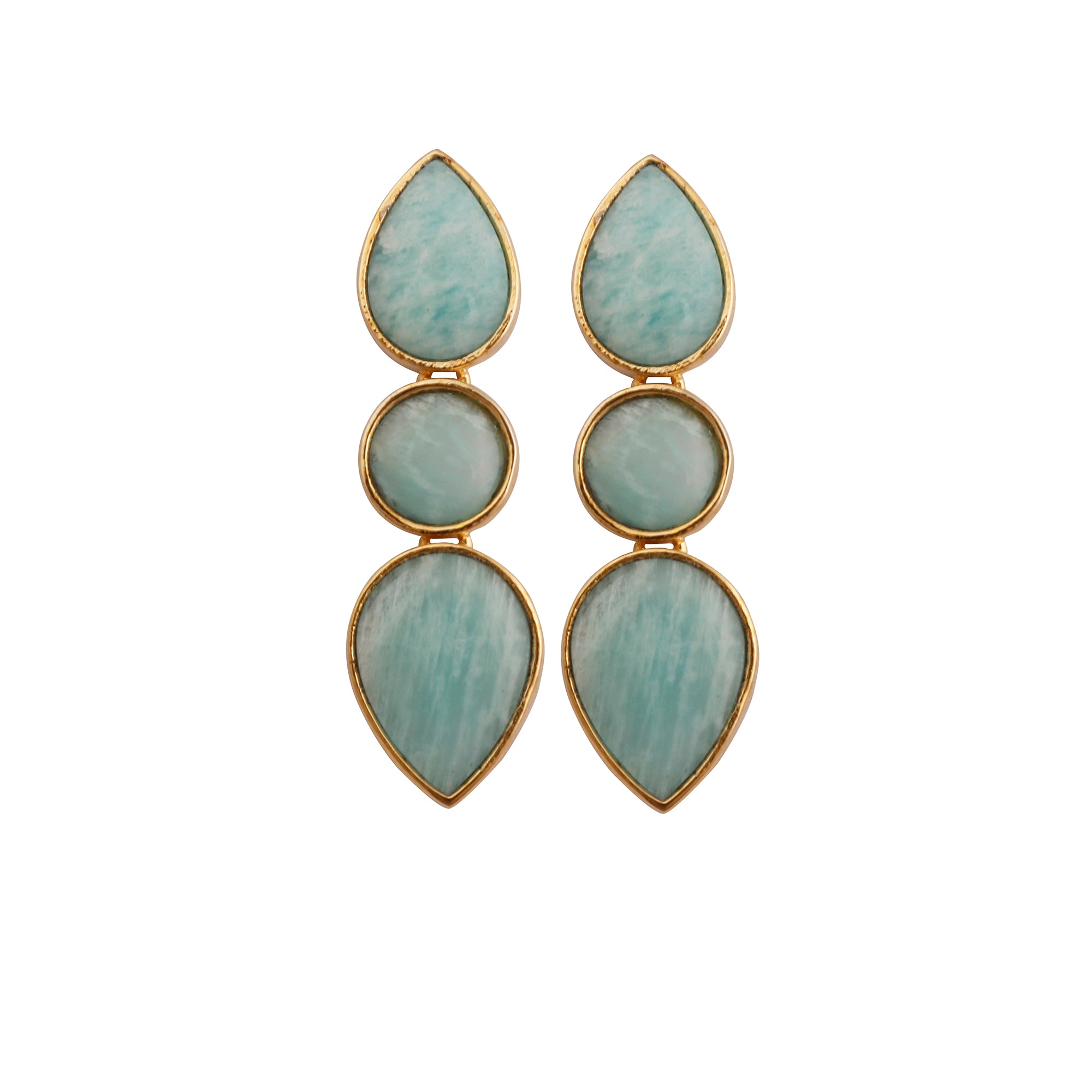 Amazonite Stud Earrings Gemstone Jewelry Gold Plated Push Back Three Stone Handmade Earring