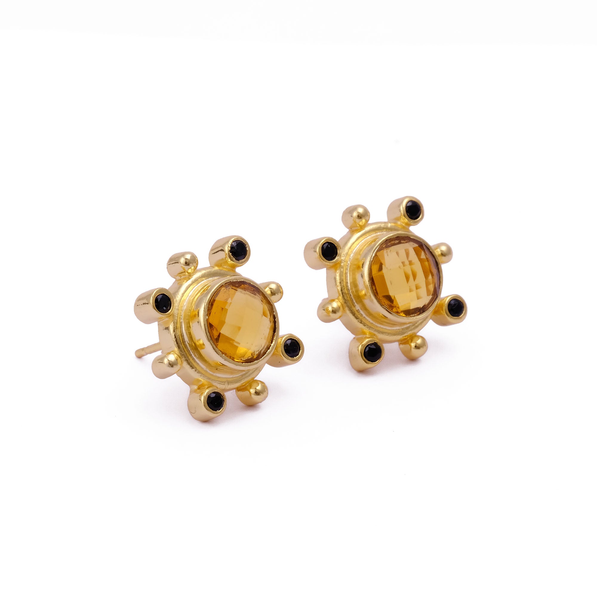 Emerald Quartz Gemstone Earring Studs, Push Back Studs, Gold Plated Round Faceted Studs
