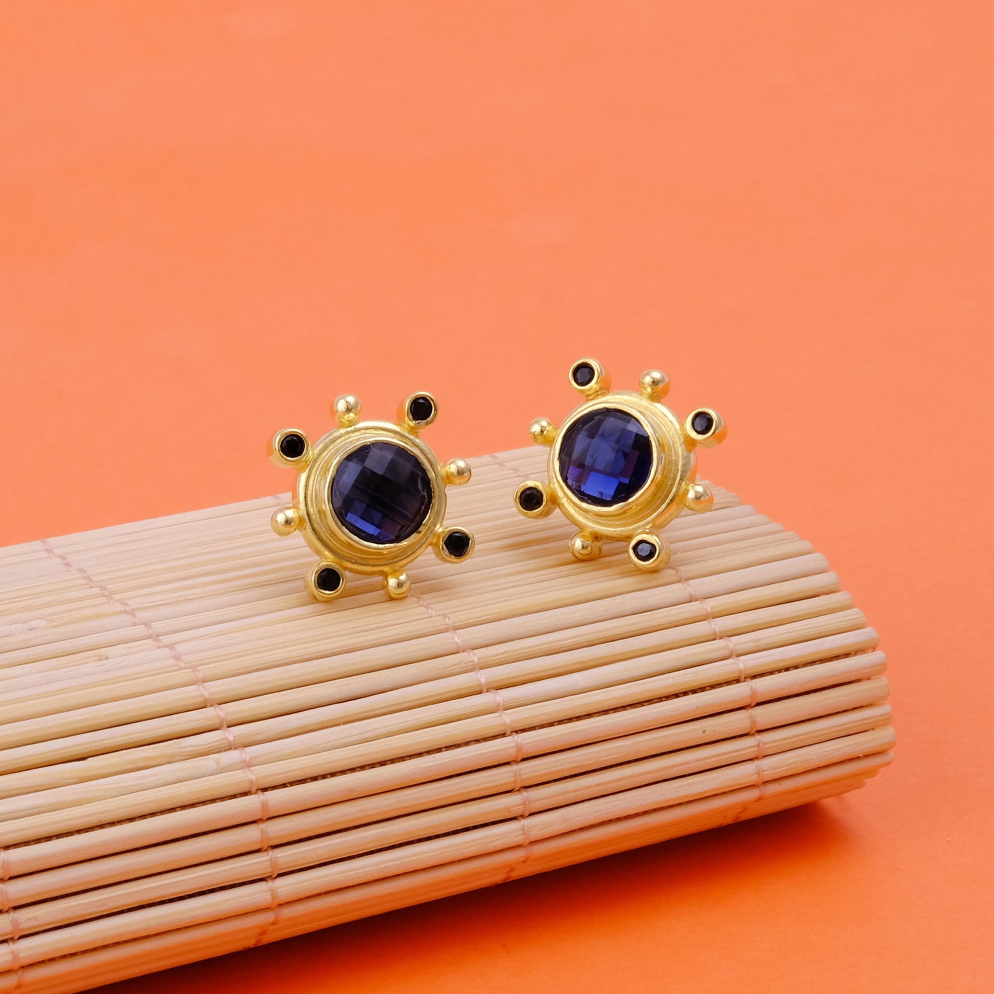 Emerald Quartz Gemstone Earring Studs, Push Back Studs, Gold Plated Round Faceted Studs