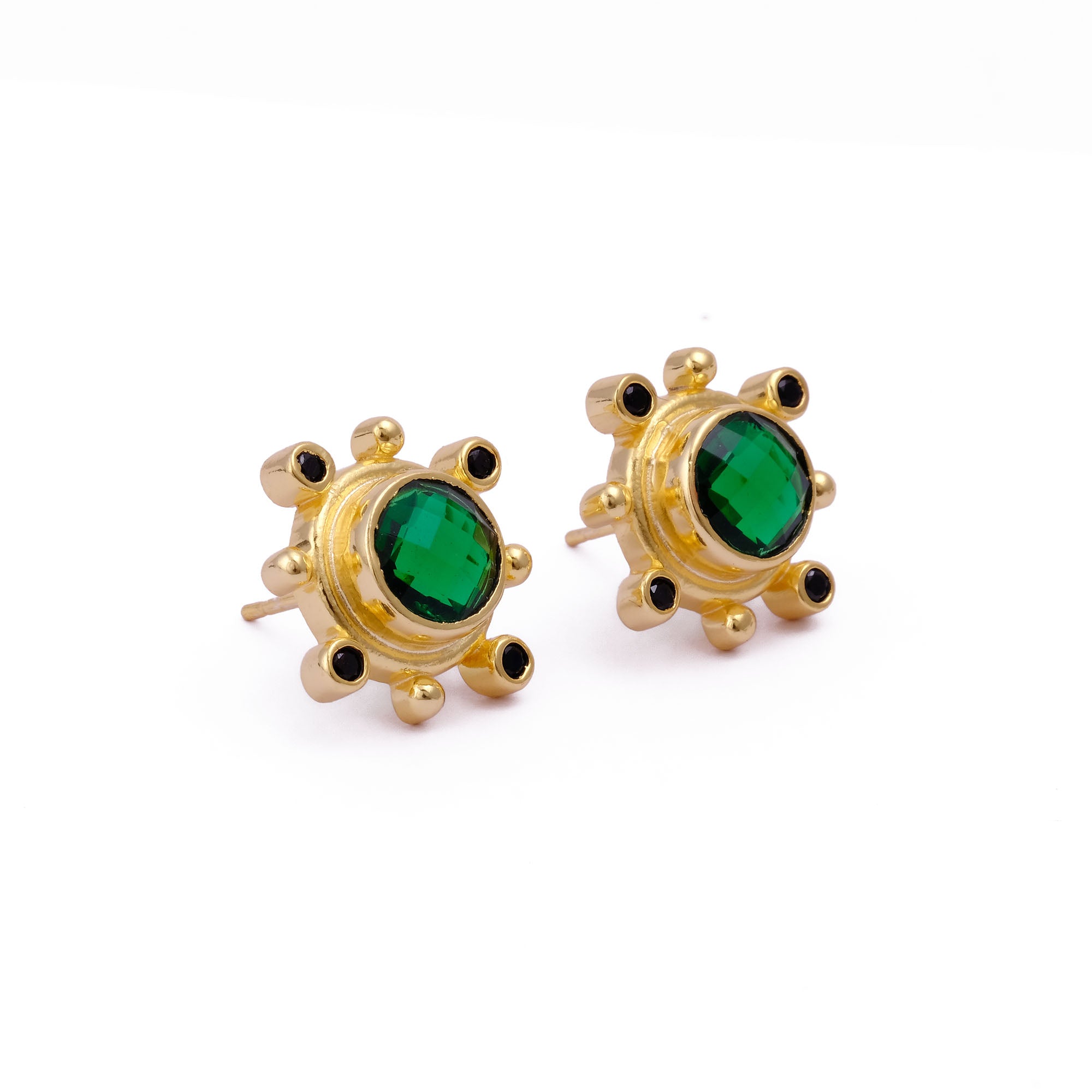 Emerald Quartz Gemstone Earring Studs, Push Back Studs, Gold Plated Round Faceted Studs