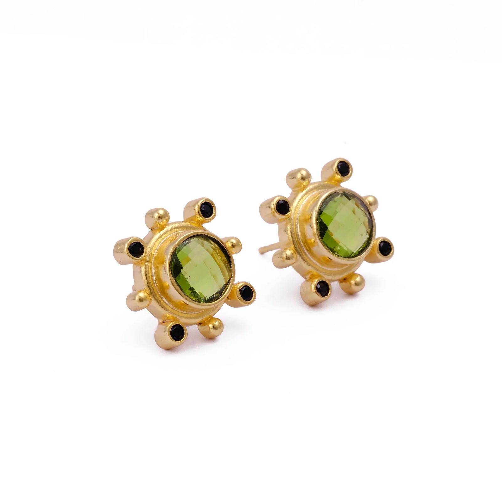 Emerald Quartz Gemstone Earring Studs, Push Back Studs, Gold Plated Round Faceted Studs