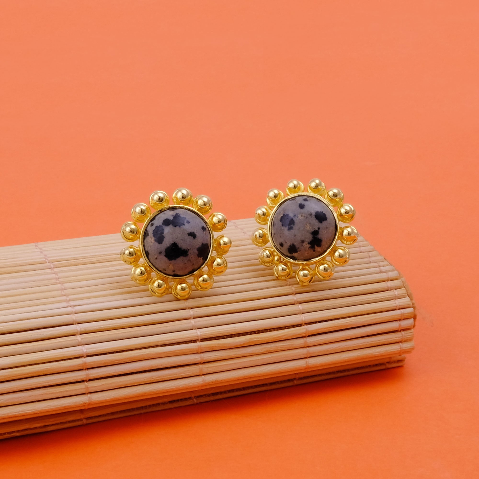 Turquoise Gemstone Earring, Gold Plated Earring, Flower Design Earring Dalmatian Jasper