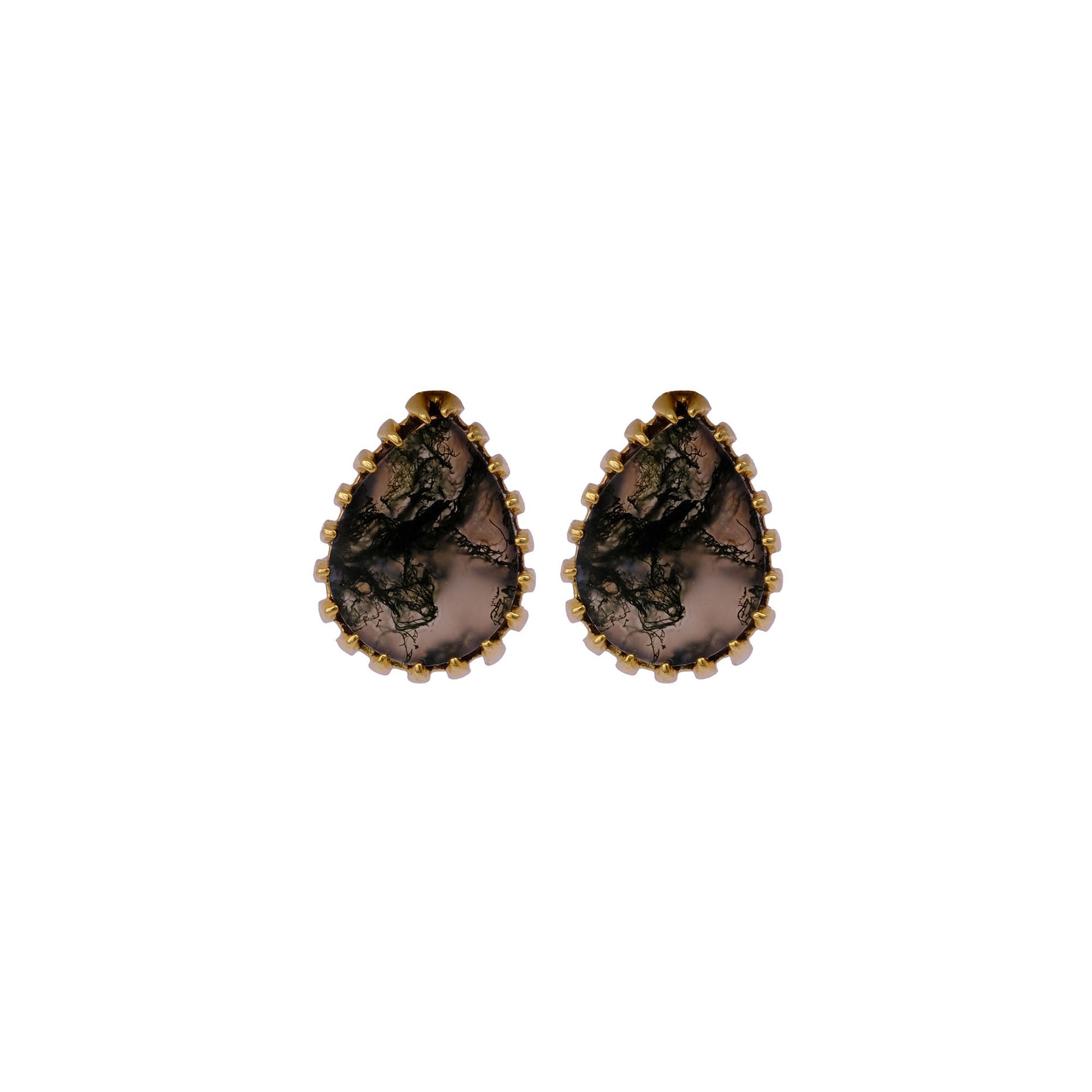 Dendrite Opal Stud Earring Gold Plated Prong Setting Gemstone Handmade Earring