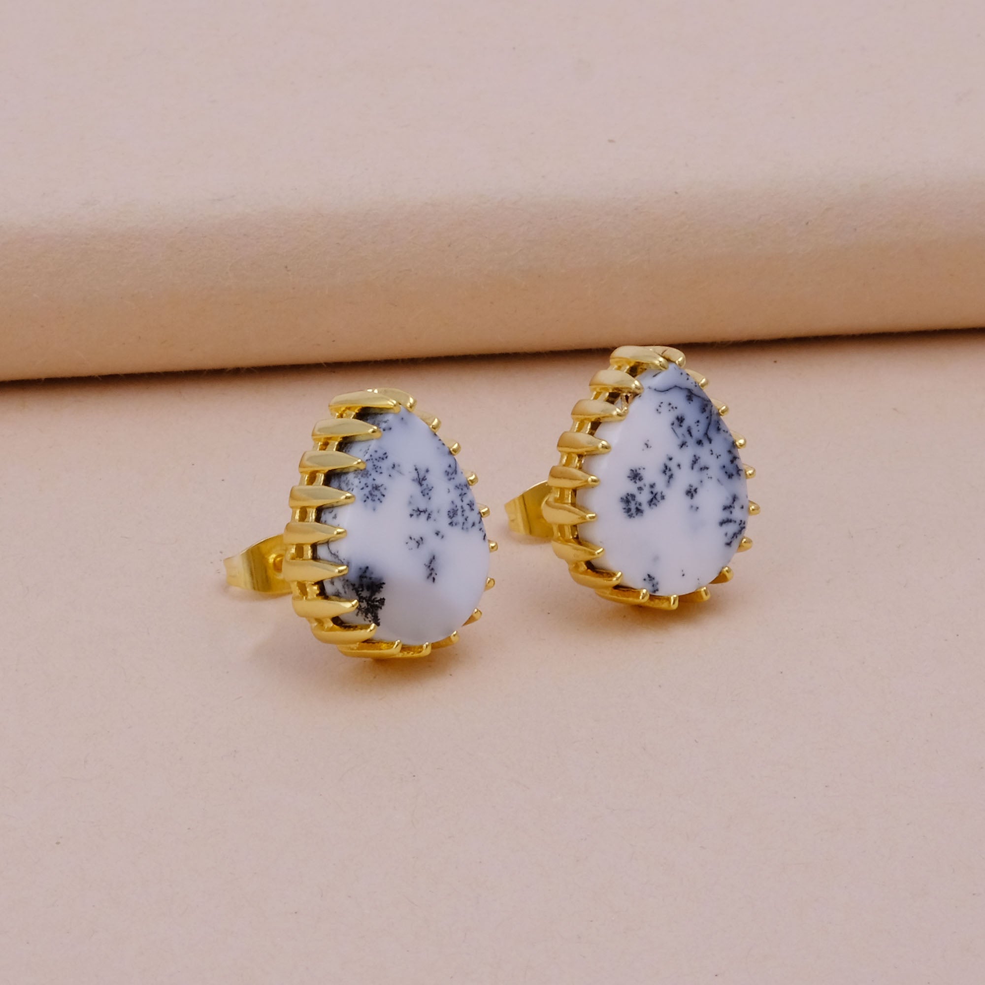 Dendrite Opal Stud Earring Gold Plated Prong Setting Gemstone Handmade Earring Dendrite Opal