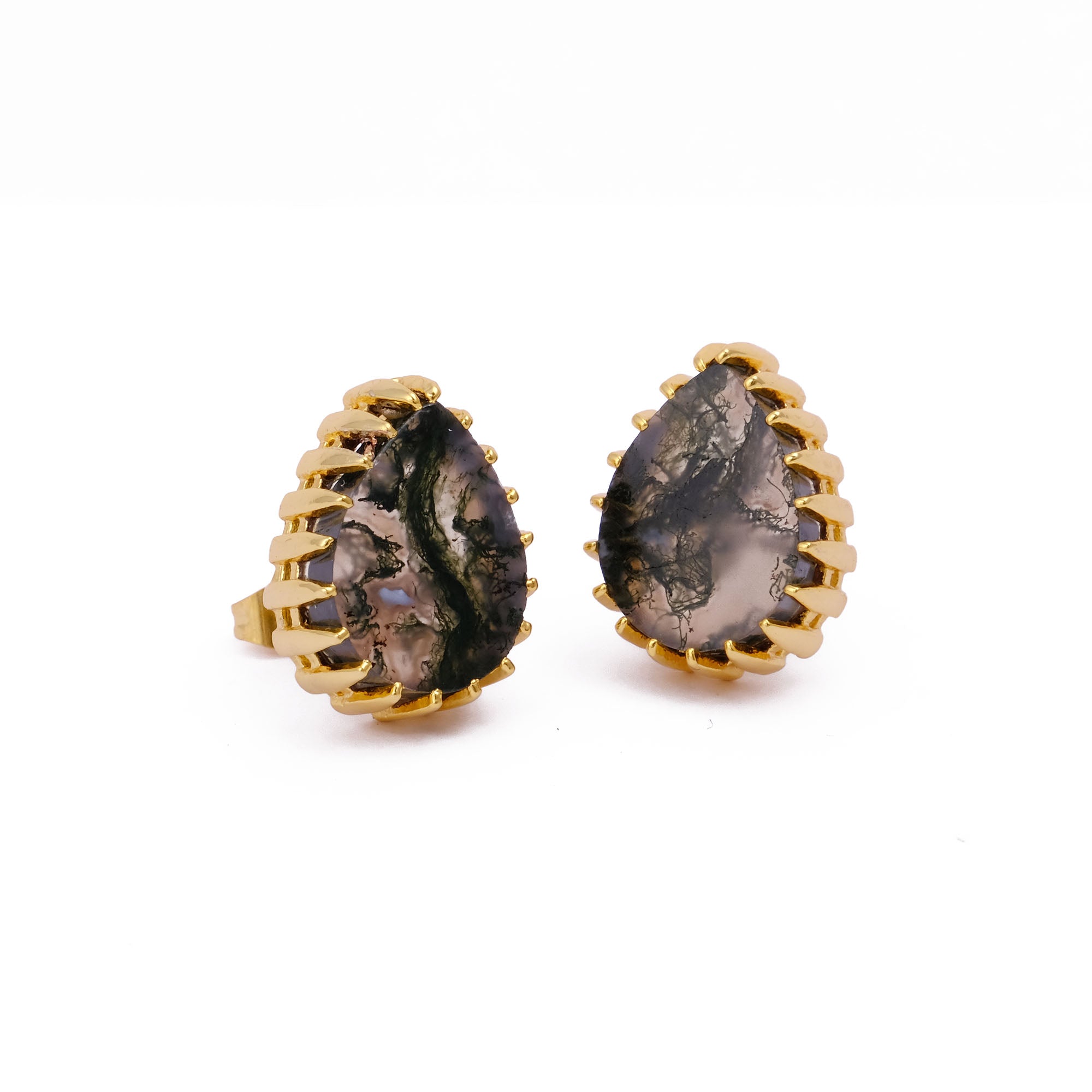 Dendrite Opal Stud Earring Gold Plated Prong Setting Gemstone Handmade Earring