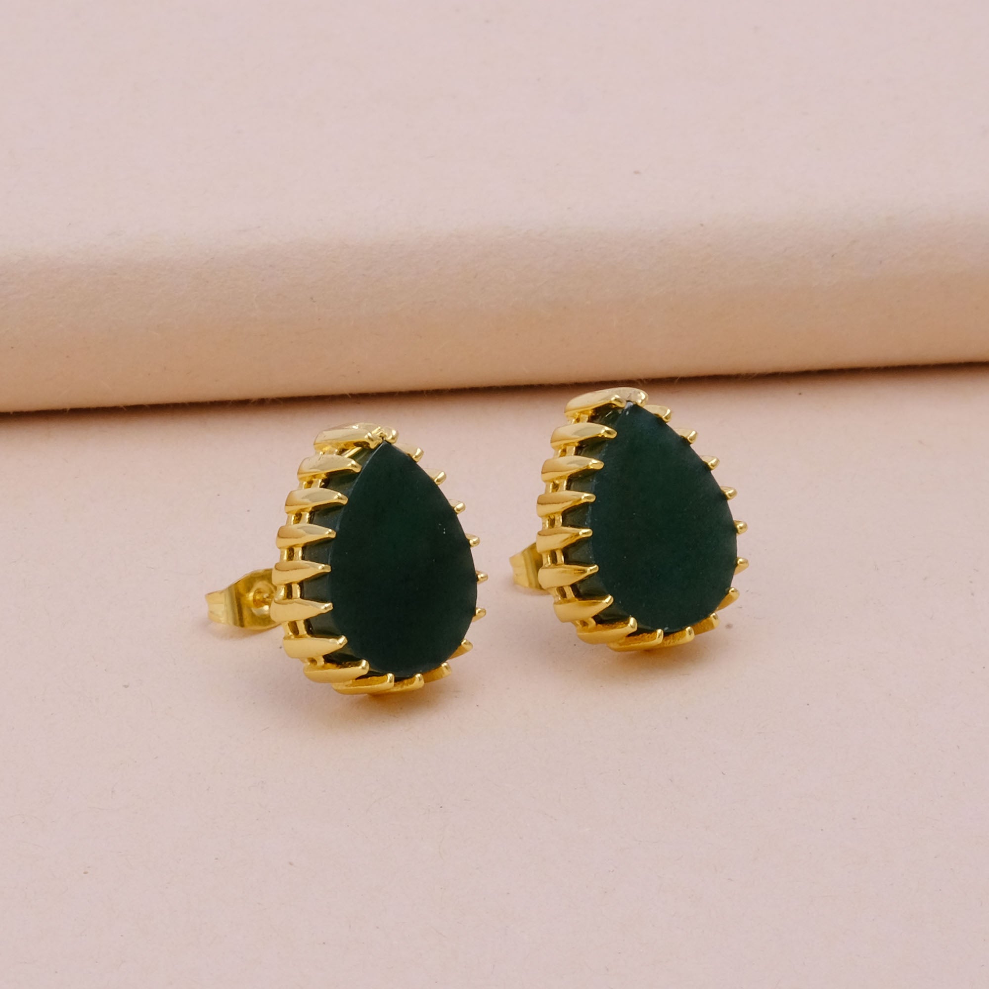Dendrite Opal Stud Earring Gold Plated Prong Setting Gemstone Handmade Earring Green Onyx