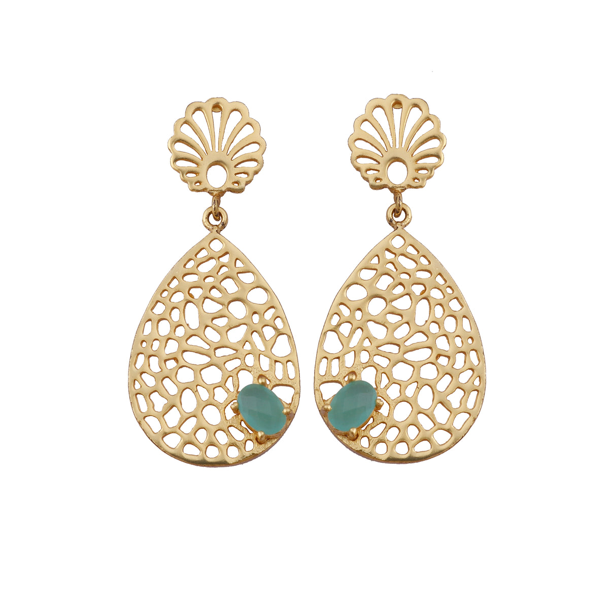 Aqua Chalcedony Gemstone Earring Filigree Gold Plated Handmade Flower Design Stud