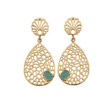 Aqua Chalcedony Gemstone Earring Filigree Gold Plated Handmade Flower Design Stud