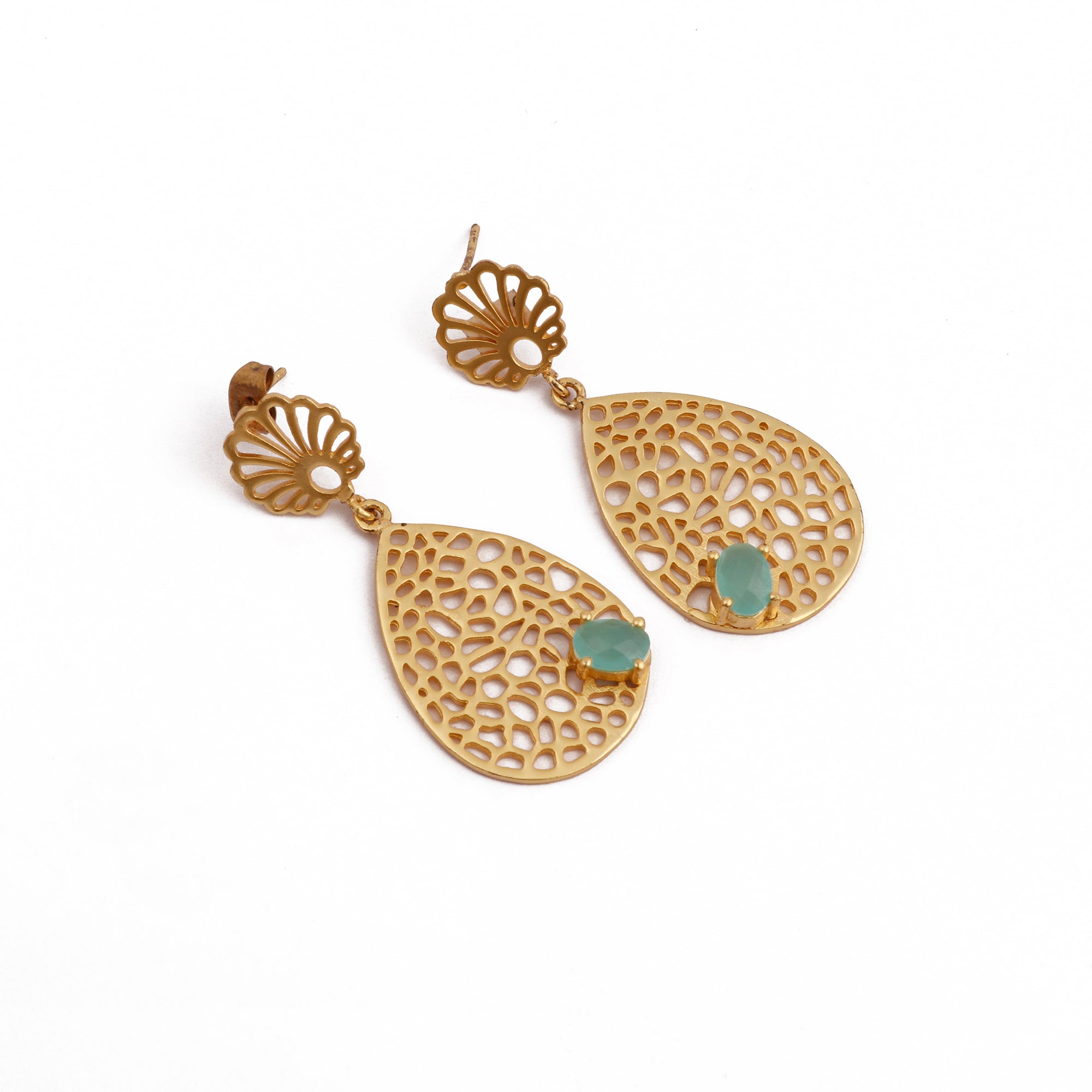 Aqua Chalcedony Gemstone Earring Filigree Gold Plated Handmade Flower Design Stud