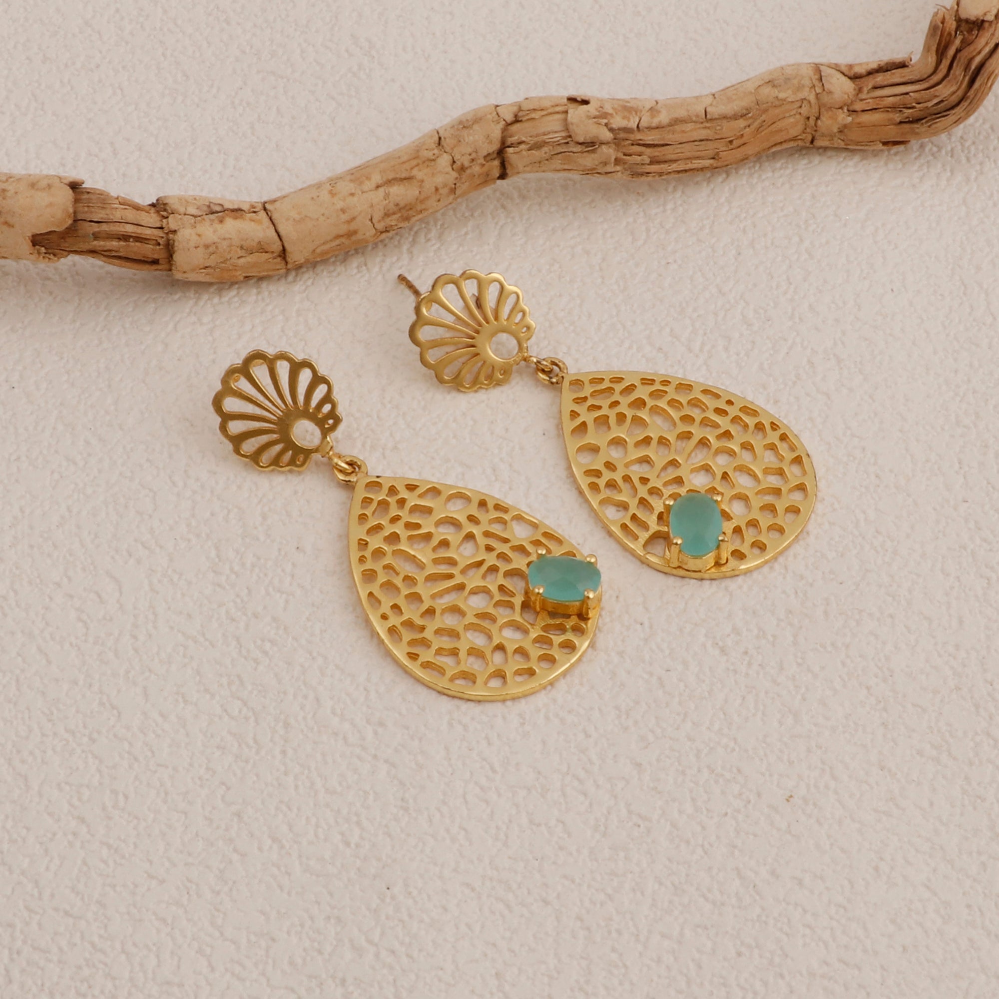 Aqua Chalcedony Gemstone Earring Filigree Gold Plated Handmade Flower Design Stud