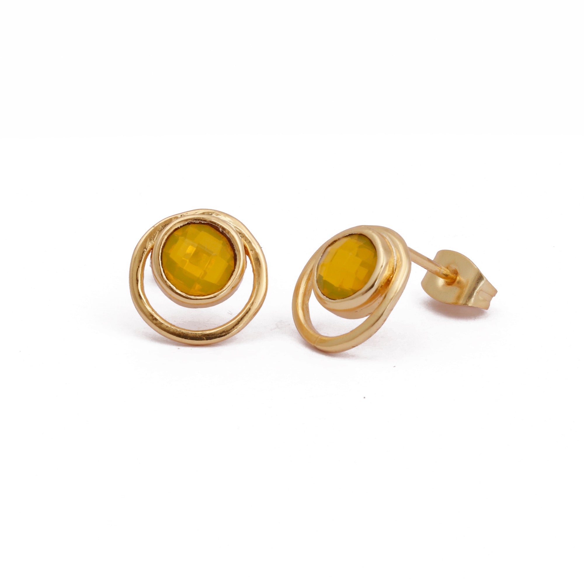 Peridot Gemstone Stud Earrings Gold Plated Push Back Earrings Collet Setting Earring Pairs Yellow Chalcedony