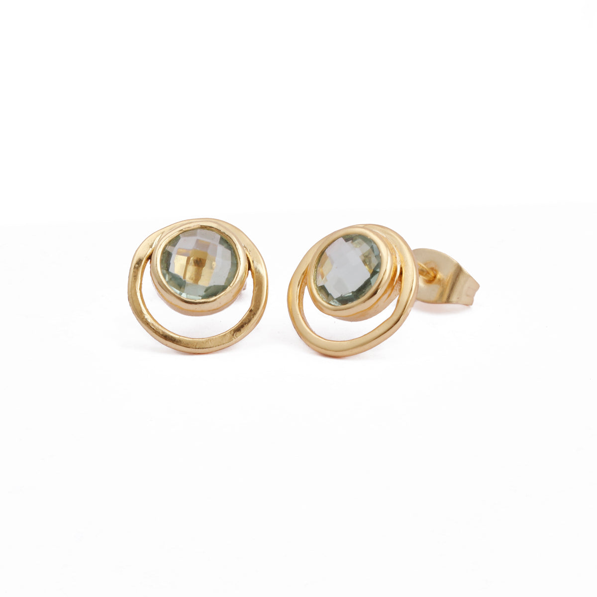 Peridot Gemstone Stud Earrings Gold Plated Push Back Earrings Collet Setting Earring Pairs Green Amethyst