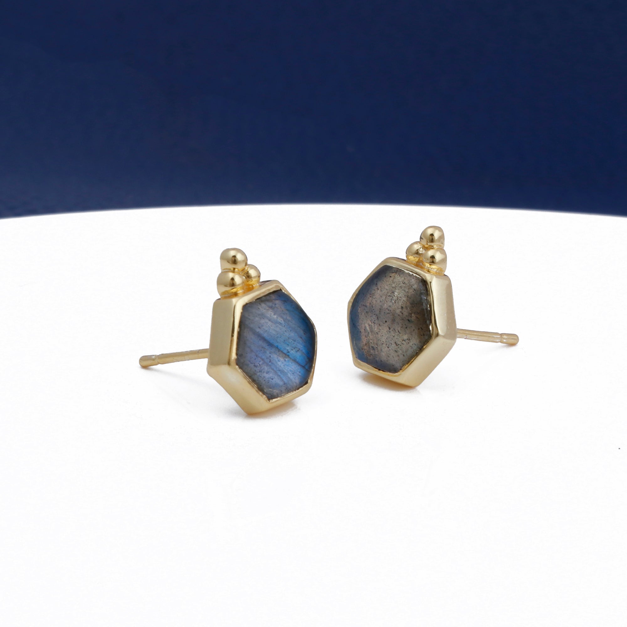 Labradorite Gemstone Stud Earrings, Hexagon Shape Earring Gold Plated Earring