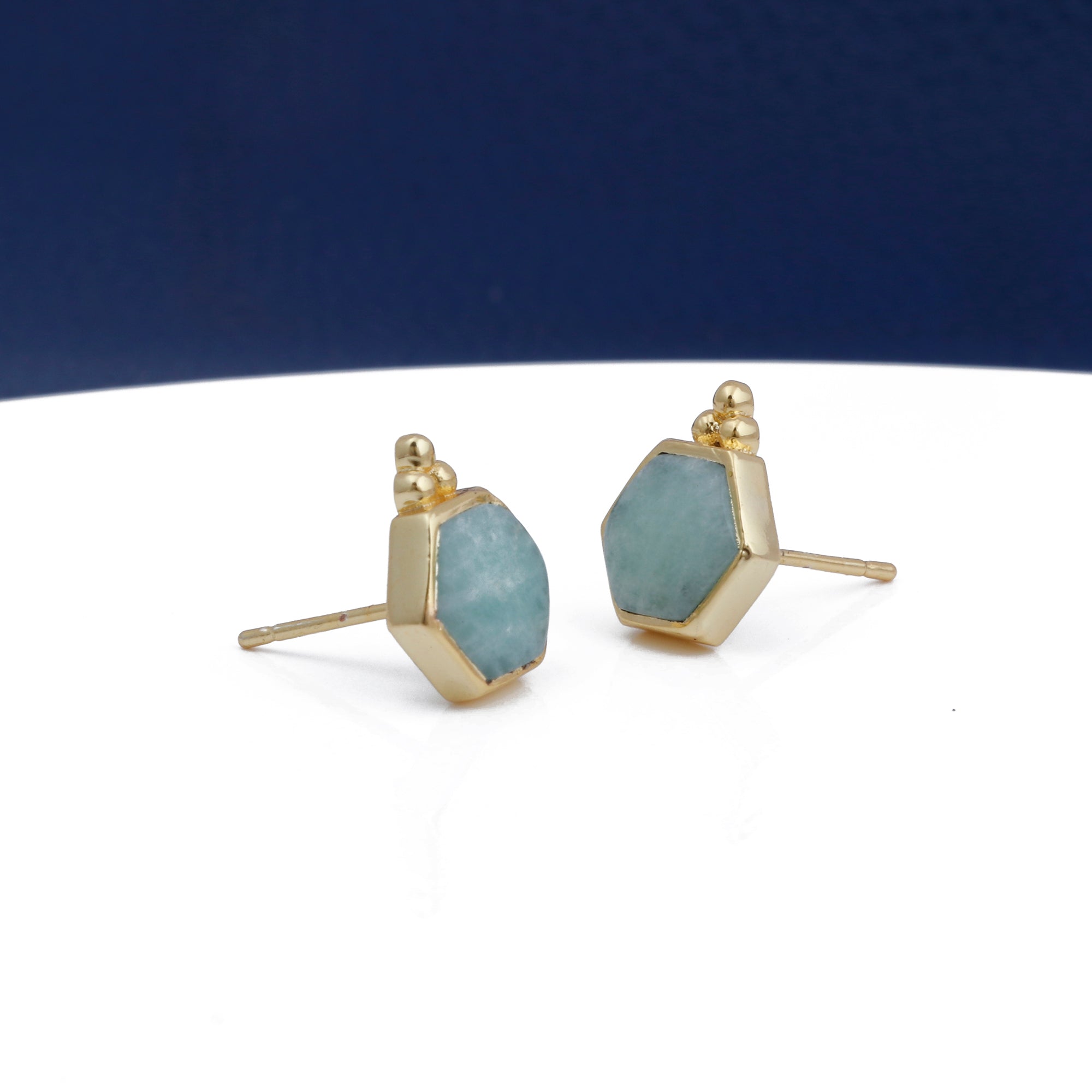 Labradorite Gemstone Stud Earrings, Hexagon Shape Earring Gold Plated Earring