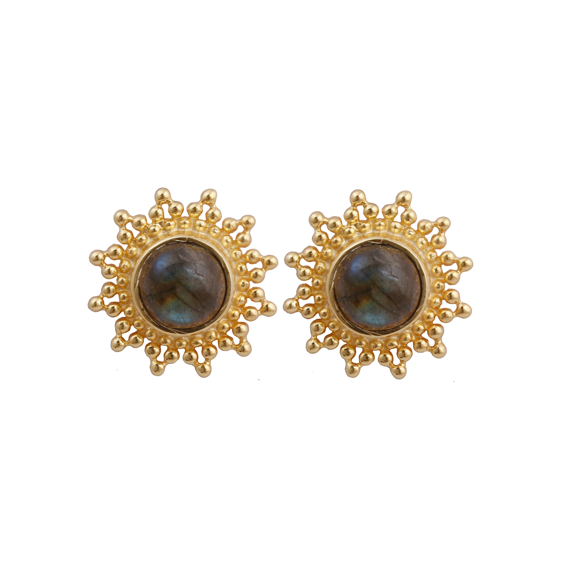 Black Onyx Stud Earrings Flower Design Round Gold Plated Push Back Stud Earring Jewelry