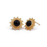 Black Onyx Stud Earrings Flower Design Round Gold Plated Push Back Stud Earring Jewelry Onyx