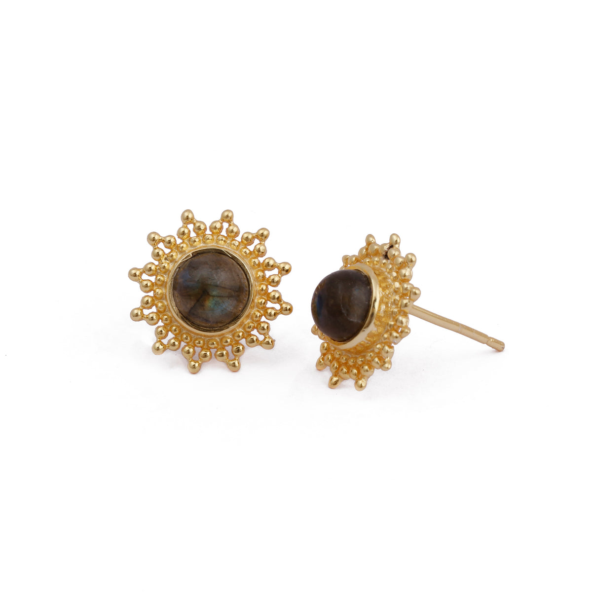 Black Onyx Stud Earrings Flower Design Round Gold Plated Push Back Stud Earring Jewelry Labradorite