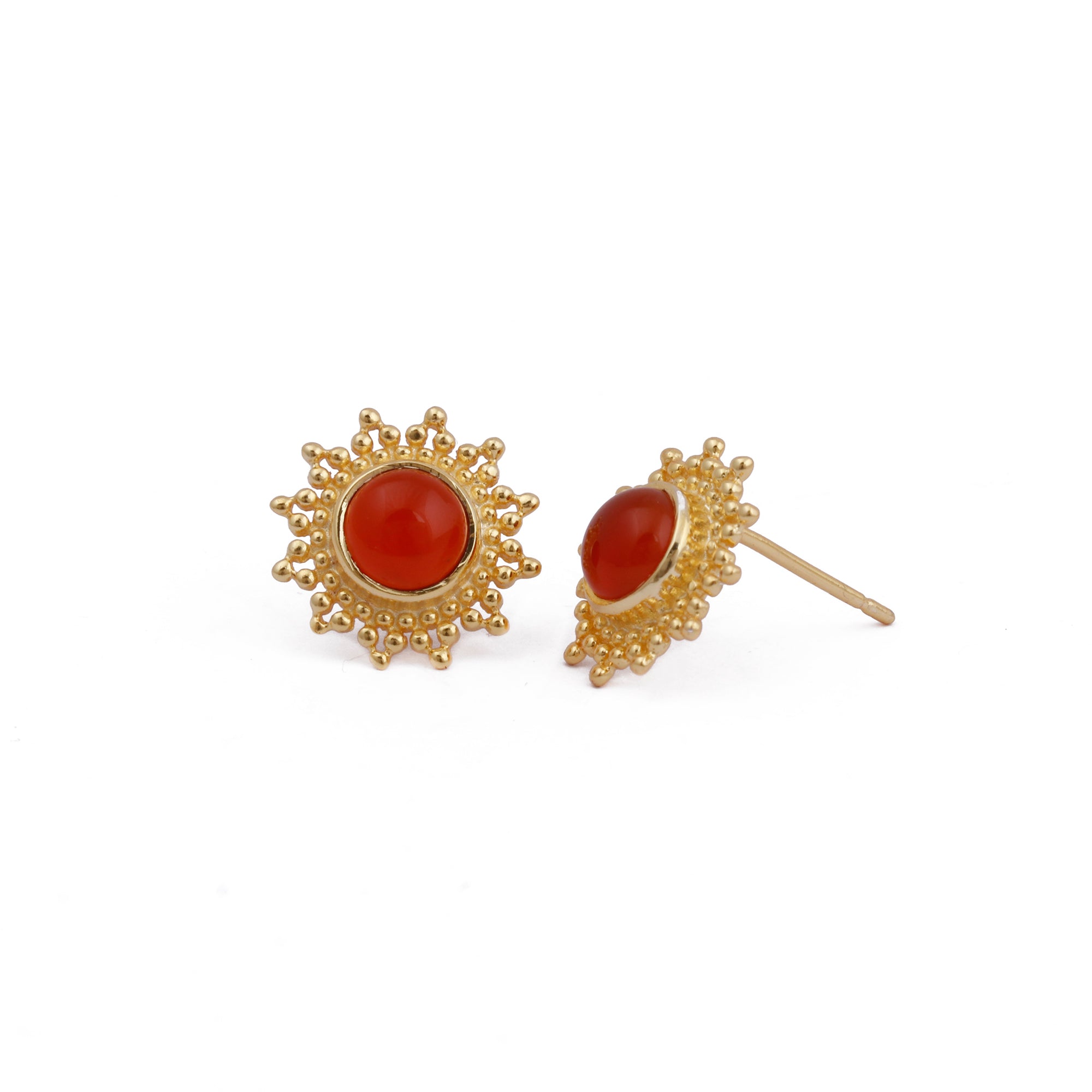 Black Onyx Stud Earrings Flower Design Round Gold Plated Push Back Stud Earring Jewelry Carnelian