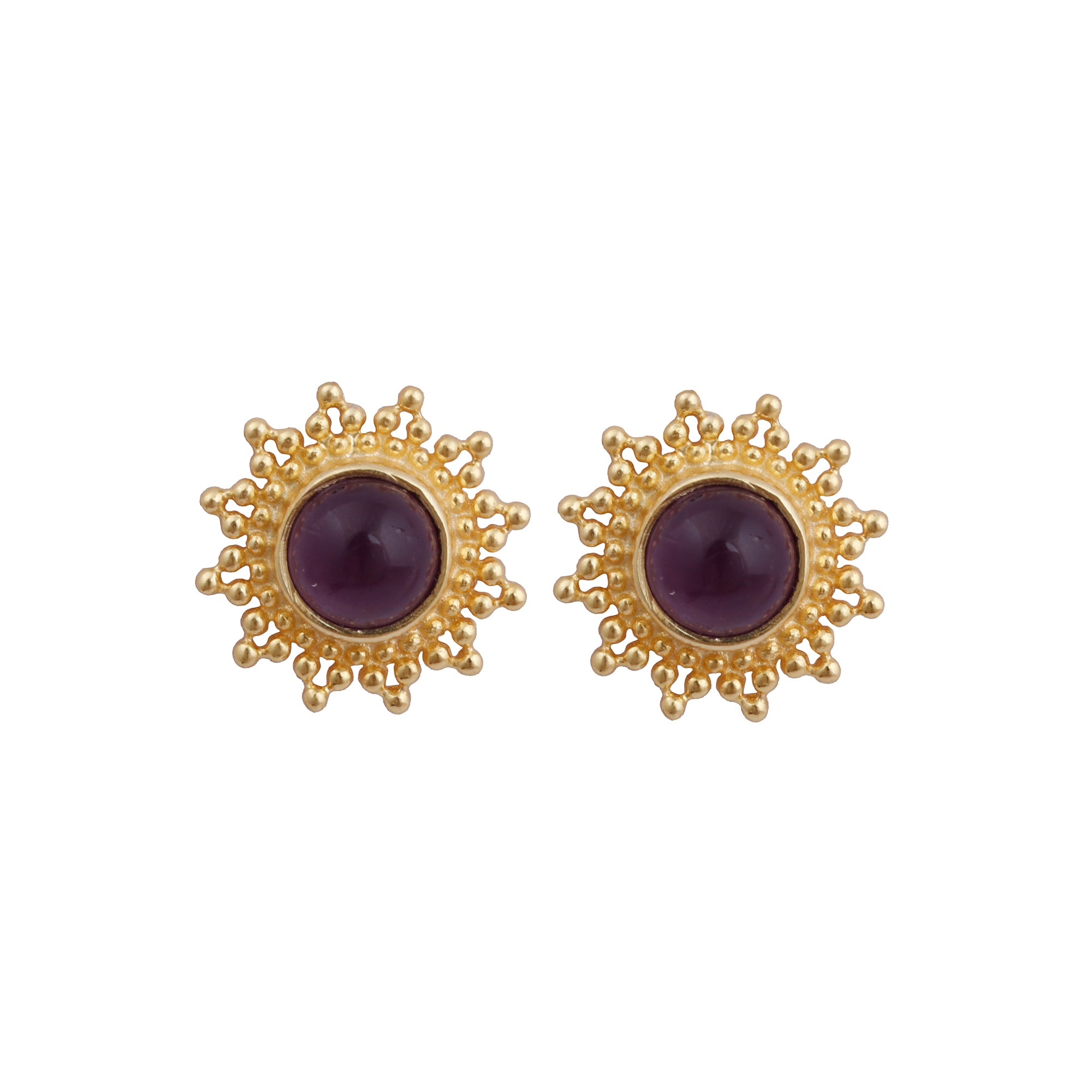Black Onyx Stud Earrings Flower Design Round Gold Plated Push Back Stud Earring Jewelry