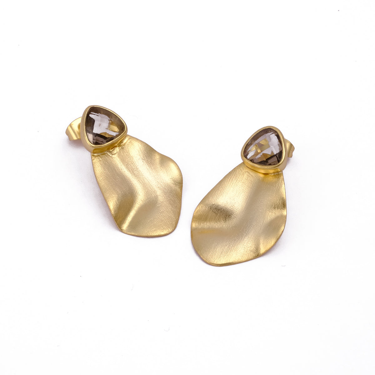 Smoky Quartz Earring Textured Organic Shape Earring Matte Gold Plated Earring