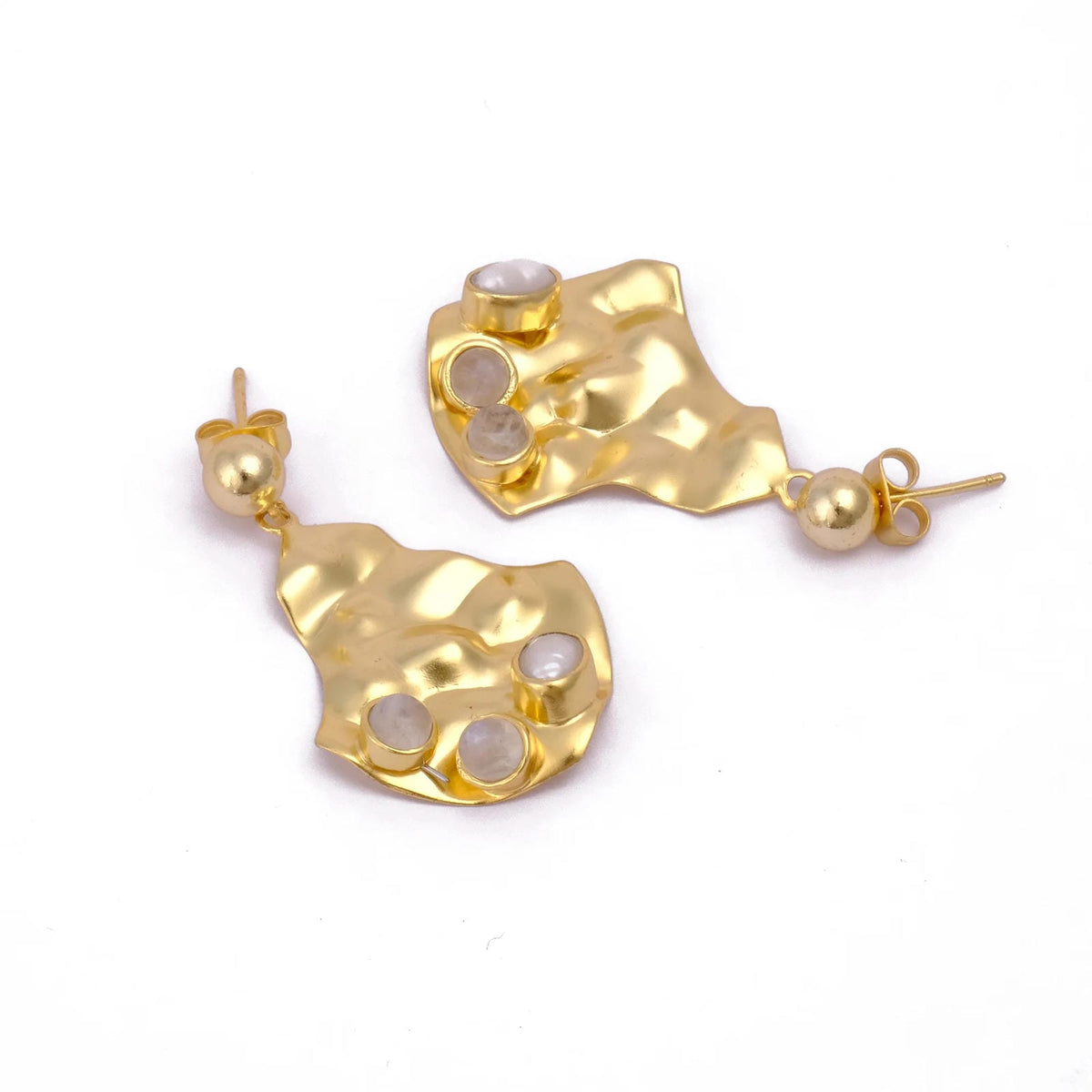 Pearl and Rainbow Moonstone Gemstone Studs Earrings Handmade Studs Gold Plated Collet Setting, Hammered Push Back Studs, Statement Dangle Drop Earrings for Women. S