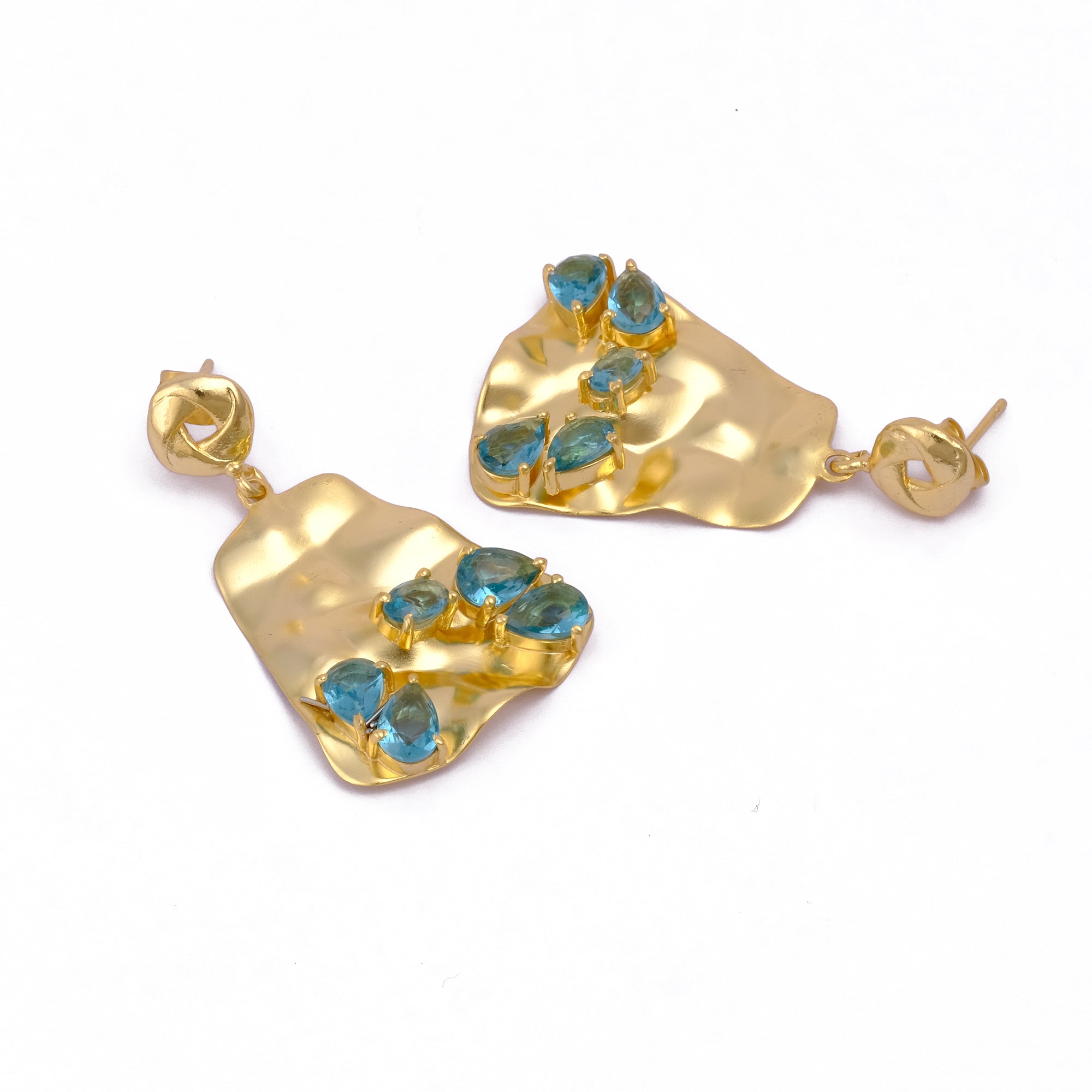 Dainty Topaz Drop Earrings, Hammered Texture Prong Set Gemstone Dangle Drop Pairs, Fancy Shape Gold Plated Dangling Jewelry, Women Jewelry. S